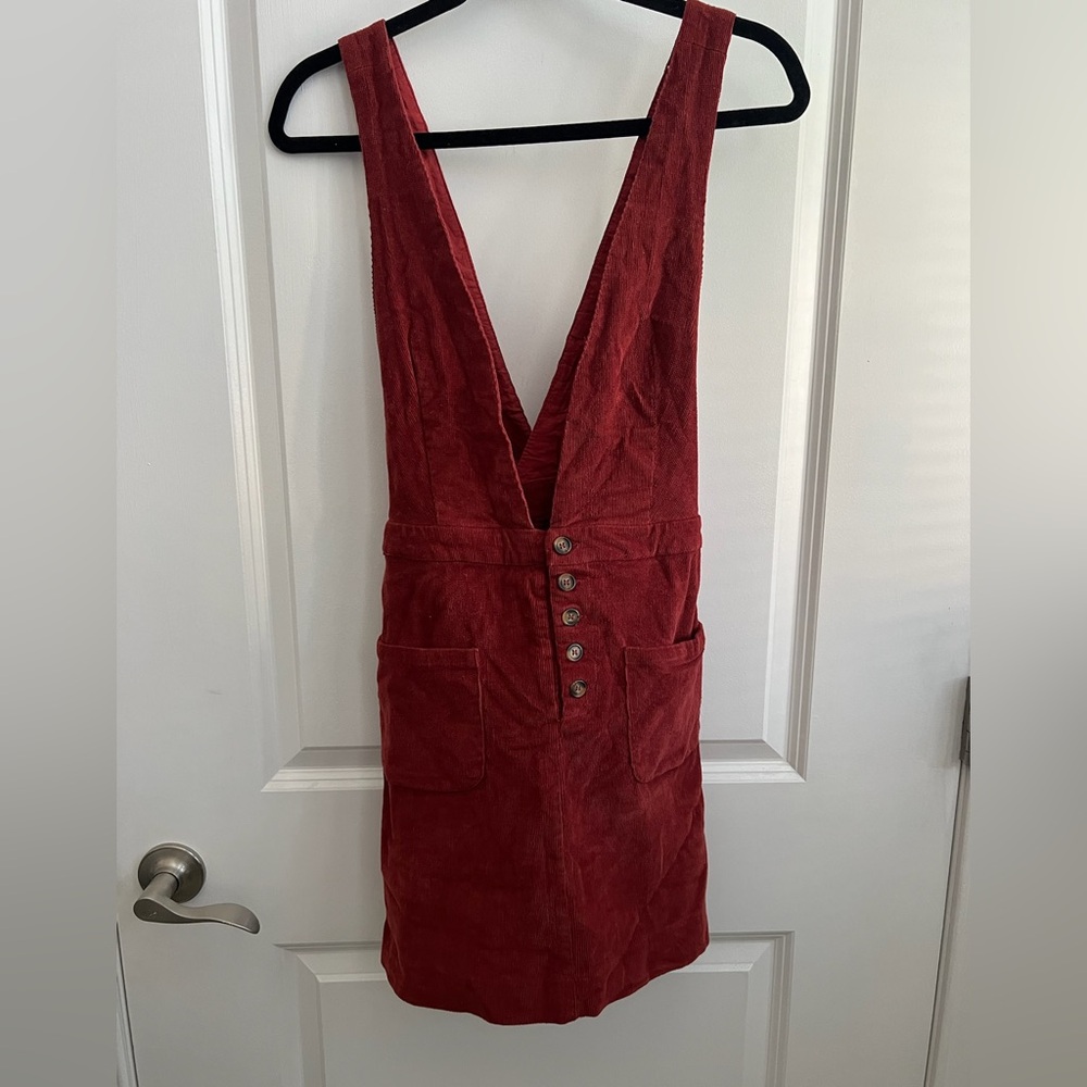Red Corduroy Pinafore Dress with Button Front